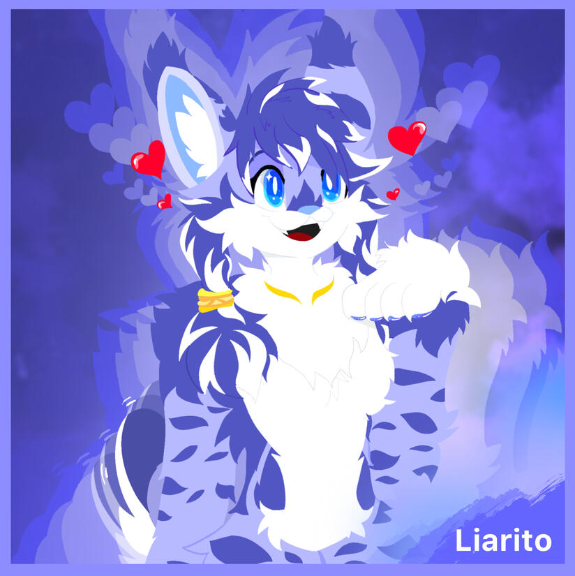 Picture of a commission, Vita the lynx with hearts around to express how much she loves her boyfriend, lifting her left hand paw.