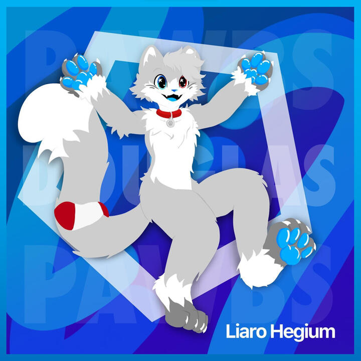 Picture of a commission, Douglas the cat showing a hug position and lifting his left foot paw, the tail has a sock, which is very important.