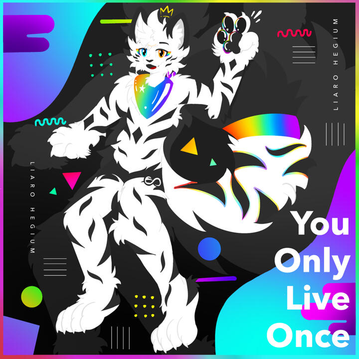 Picture of a commission, Liaro showing a peace sign with a text down below that says "You Only Live Once".
